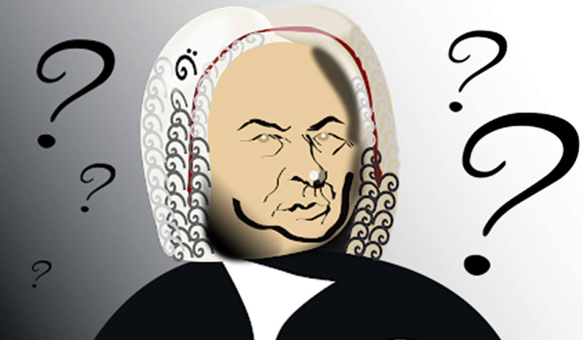 An image of Bach with question marks around his head.